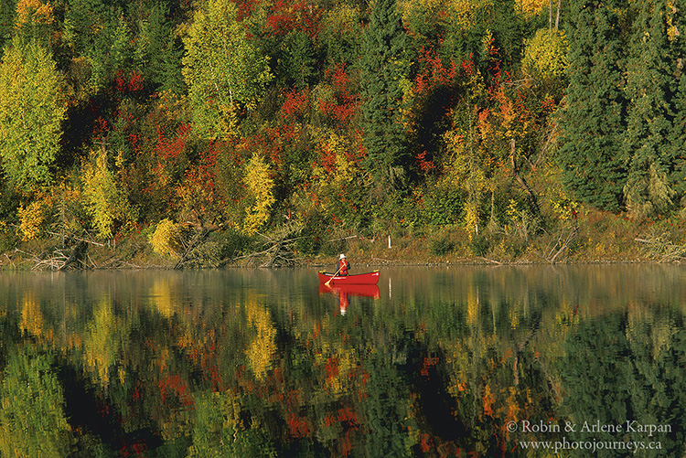 Canoeing at Jade Lake, one of the Gem Lakes, in Narrow Hills Provincial Park, Saskatchewan.