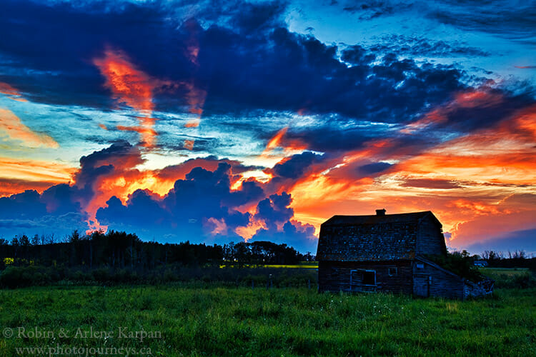 Sunset over barn, Saskatchewan