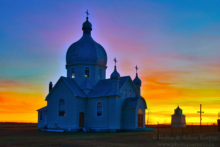 Sunset over church, Saskatchewan