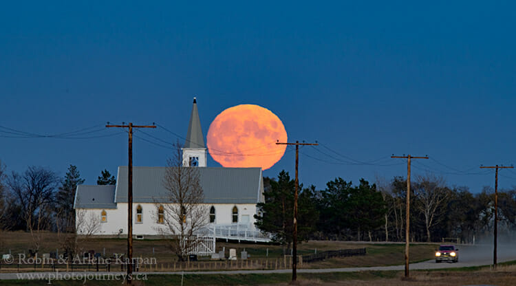 Moonrise over Pleasant Point Church, Saskatchewan