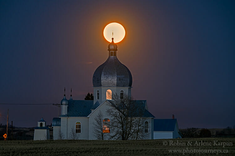 Moon over church, Smuts, Saskatchewan