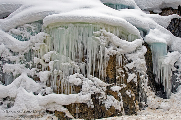 Icicles on rock walls, Banff National Park, Alberta