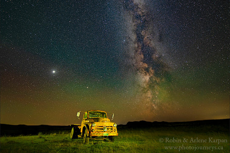Truck and night sky, Thickwood Hills, Saskatchewan