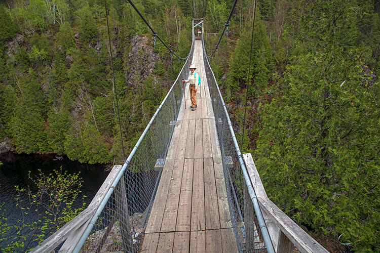 Suspension bridge, hiking in Aiguebelle Park, Quebec