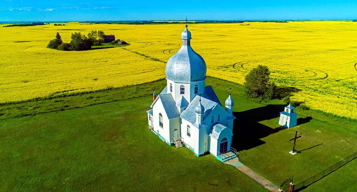 Canola and church, Smuts, Saskatchewan