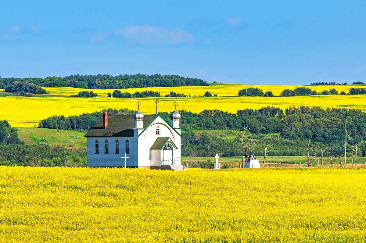 Sokal Church and canola fields, Saskatchewan.