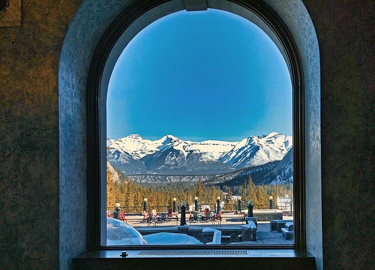 Riverview lounge window, Fairmont Banff Springs Hotel, Banff, AB