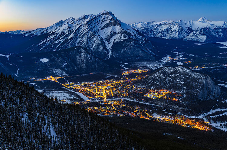 Banff in the evening, as seen from the top of the Banff Gondola.