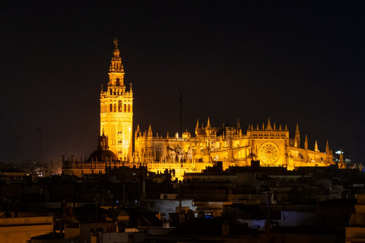 Cathedral of Seville at night, Spain.