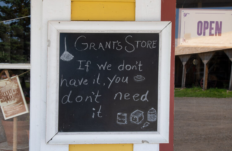 Sign at Grant Store, King's Landing, New Brunswick.