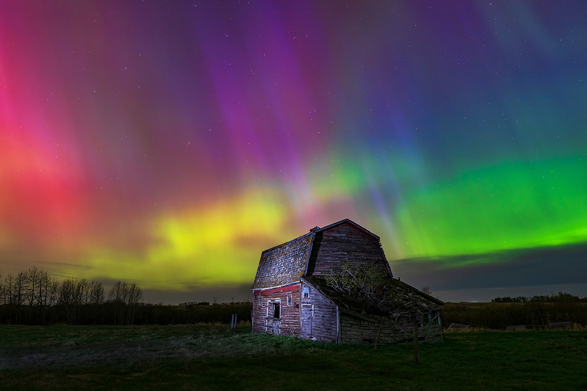 Aurora or northern lights over old barn, Saskatchewan