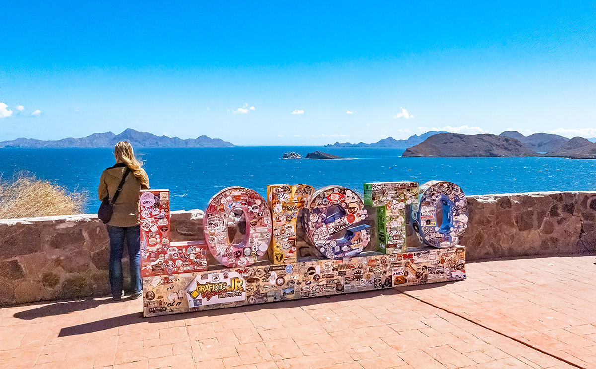 viewpoint on highway south of Loreto, Mexico of Sea of Cortez.