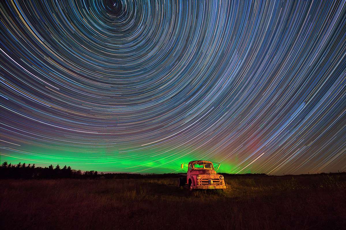 Star trails and old truck.