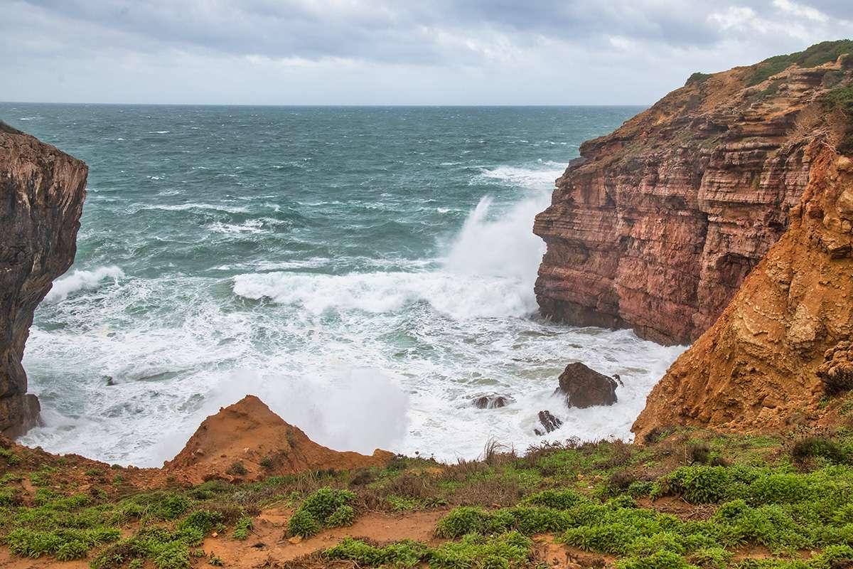 Waves along Algarve coast in Portugal.